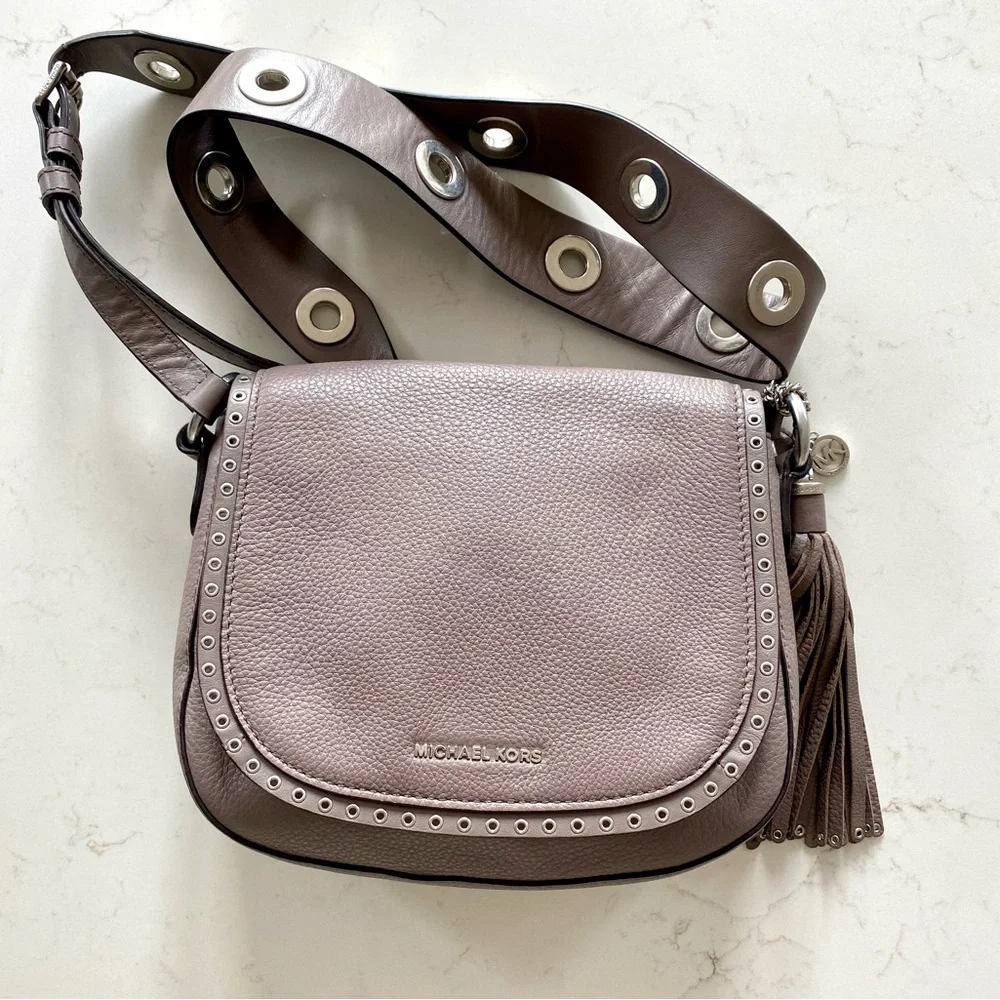 Michael Kors Brooklyn Leather Medium Crossbody Saddle Bag with Studs and…
